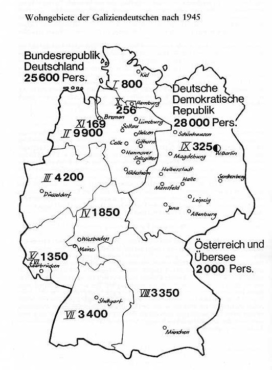 Verteilung der 1945 geflüchteten Galiziendeutschen in beiden deutschen Staaten nach eigenen Erhebungen des Hilfskomitees